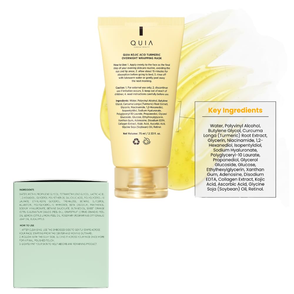 QUIA Korean Skincare Duo - Toner Pads + Turmeric Kojic Acid Wrapping Mask - Dual-Step System for Radiant, Refined Texture & Hydrated Skin - Gentle Exfoliation + Overnight Treatment - 75ML