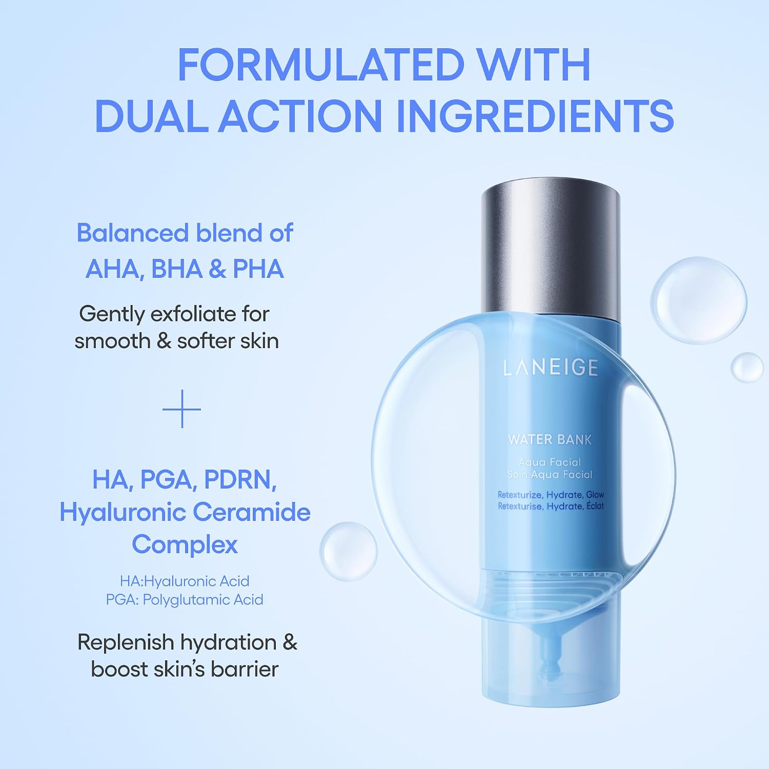 LANEIGE Water Bank Aqua Facial Serum | K-Beauty Exfoliating & Hydrating Serum | AHA BHA PHA Gentle Exfoliation| Hyaluronic Acid & Ceramide Glow Boost | Smooth, Soft, Radiant Skin