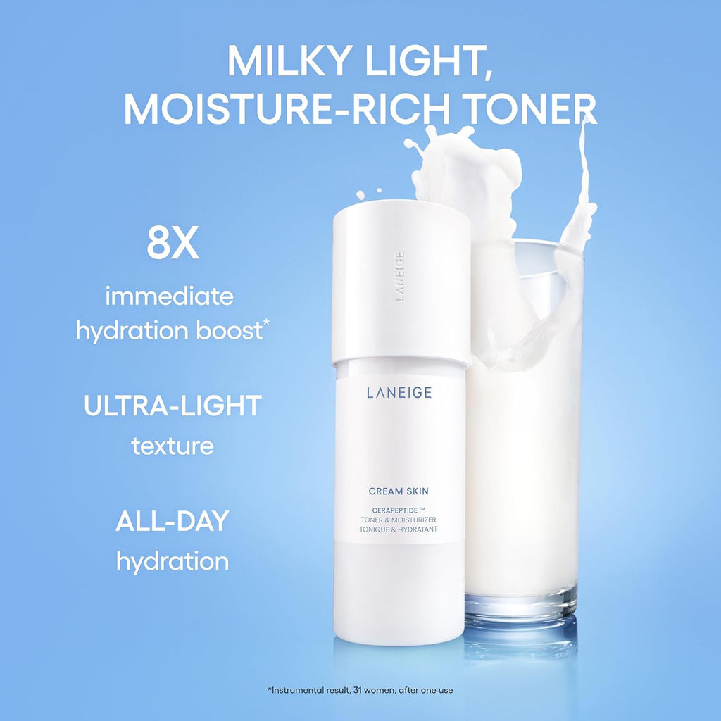 LANEIGE Cream Skin Toner & Moisturizer: Lightweight Refillable Korean Milky Toner with Ceramide & Peptide for Hydration, Firming, & Barrier Support