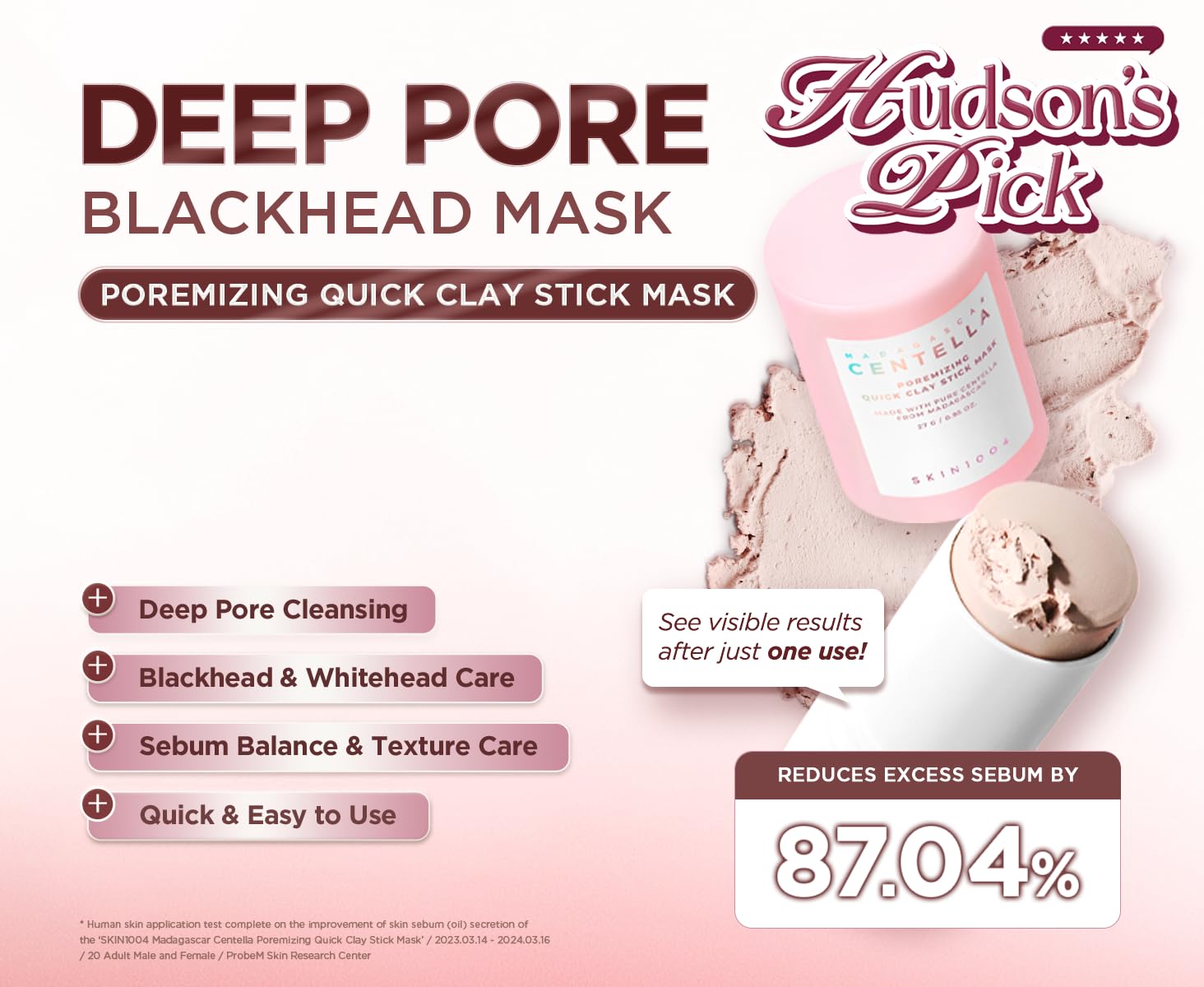 SKIN1004 [Hudson's Pick] Poremizing Quick Clay Stick Mask, Facial Clay Mask for Pores, Centella Clay Stick for Pore Minimizing, Pink Pore Mud Mask for Sebum Balance, Korean Skin Care, 0.95 oz / 27g