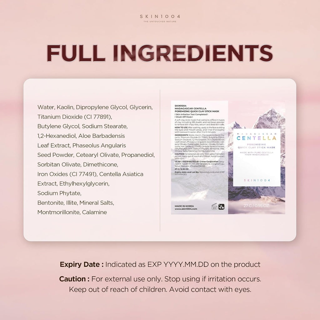 SKIN1004 [Hudson's Pick] Poremizing Quick Clay Stick Mask, Facial Clay Mask for Pores, Centella Clay Stick for Pore Minimizing, Pink Pore Mud Mask for Sebum Balance, Korean Skin Care, 0.95 oz / 27g