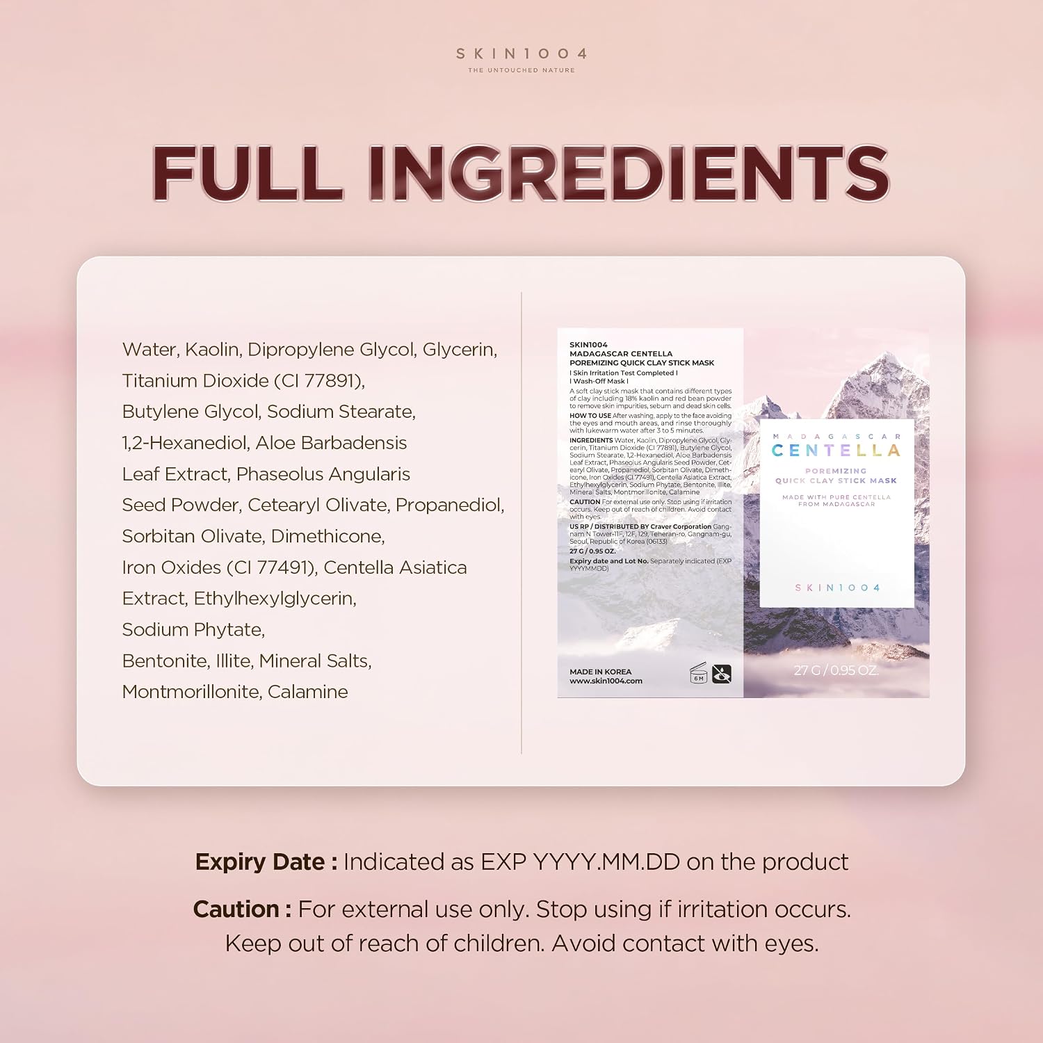 SKIN1004 [Hudson's Pick] Poremizing Quick Clay Stick Mask, Facial Clay Mask for Pores, Centella Clay Stick for Pore Minimizing, Pink Pore Mud Mask for Sebum Balance, Korean Skin Care, 0.95 oz / 27g