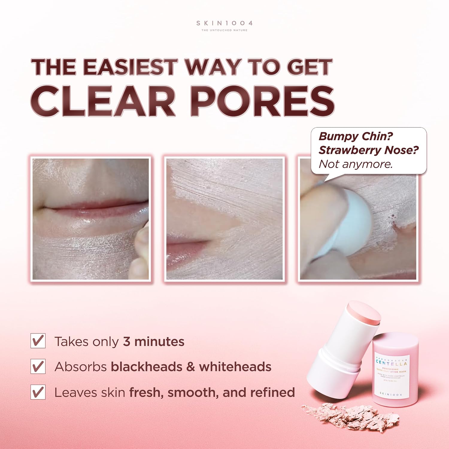 SKIN1004 [Hudson's Pick] Poremizing Quick Clay Stick Mask, Facial Clay Mask for Pores, Centella Clay Stick for Pore Minimizing, Pink Pore Mud Mask for Sebum Balance, Korean Skin Care, 0.95 oz / 27g